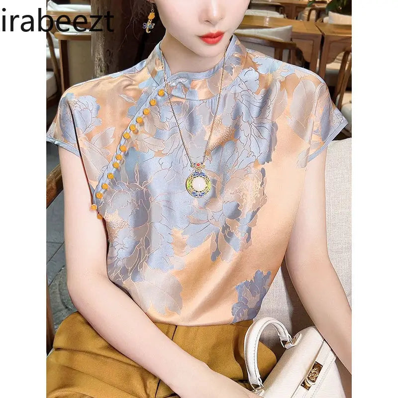 Chinese Inspired Floral Jacquard Satin Blouse For Women