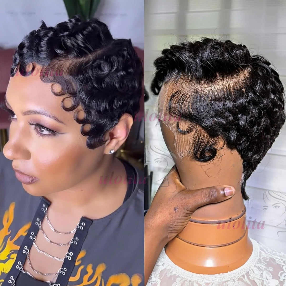 Curly Pixie Cut Lace Front Human Hair Wig for Women