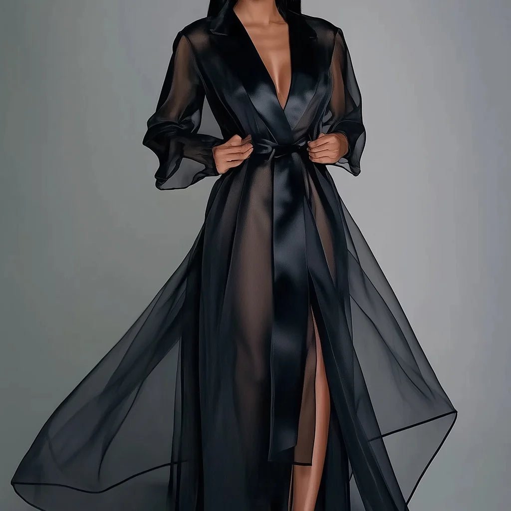 Lace Up Bodice Organza Sheer Maxi Dress