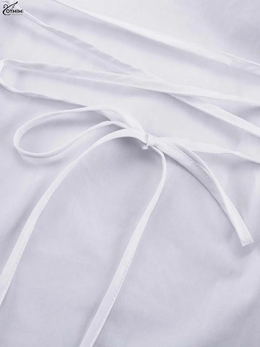 Oymimi Fashion Black Cotton Women's Blouse Elegant O-Neck Long Sleeve Loose Blouses Casual New Solid Lace-Up Blouses Streetwear