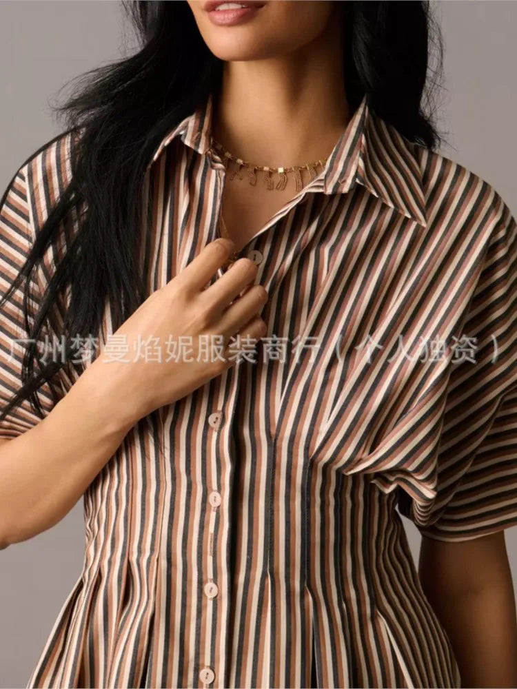 Elegant Striped Print Waist-Hugging A-Line Midi Dress for Women