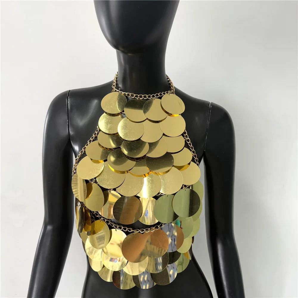 Shimmering Sequin Halter Tassel Crop Top for Women