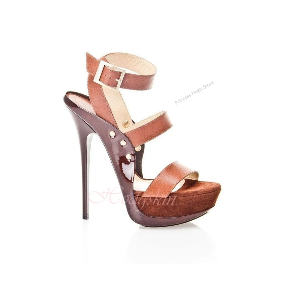 Mixed Color Straps Platform Buckle Sandals with Thin Heels for Women