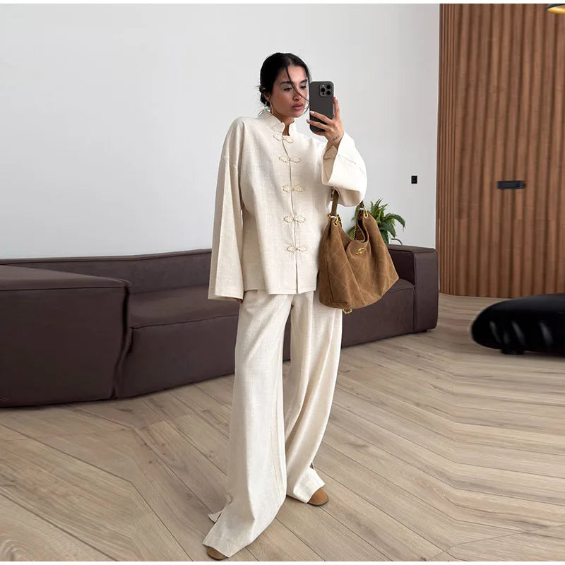 Casual Cotton Coat And Wide Leg Trouser Set for Women