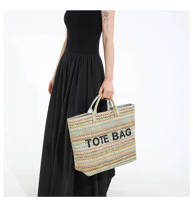 New straw woven bag, large capacity tote bag, crossbody striped letter contrasting beach bag