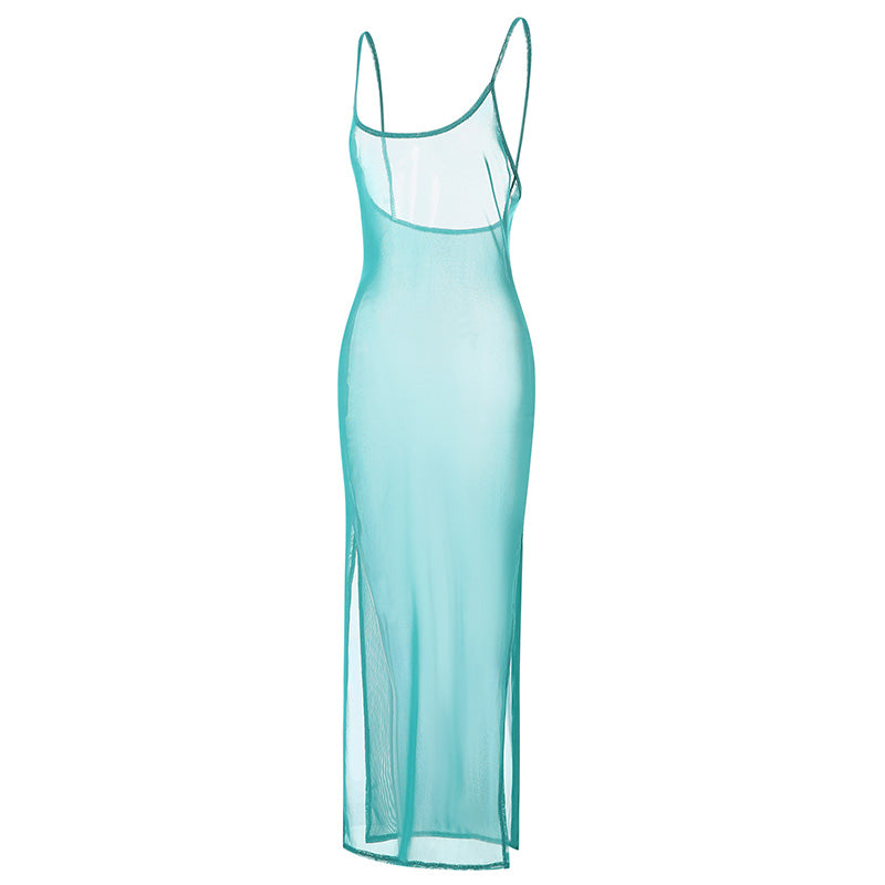 Leopard Print Mesh See Through Spaghetti Strap Backless Dress for Women