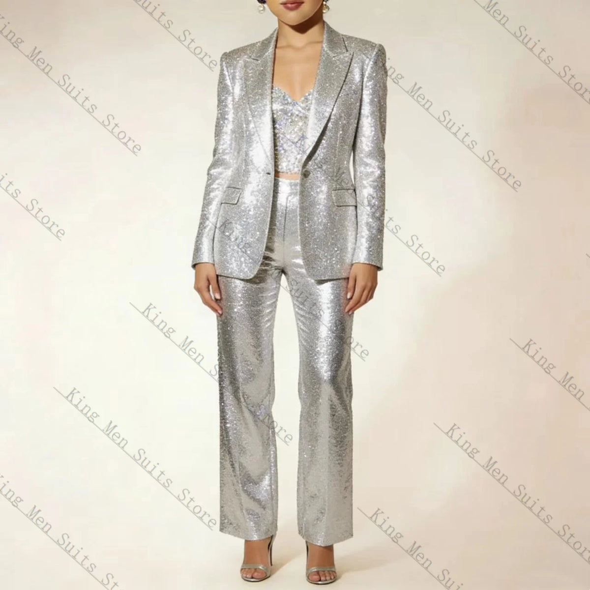 Elegant Silver Sequined Blazer And Pants Set For Women
