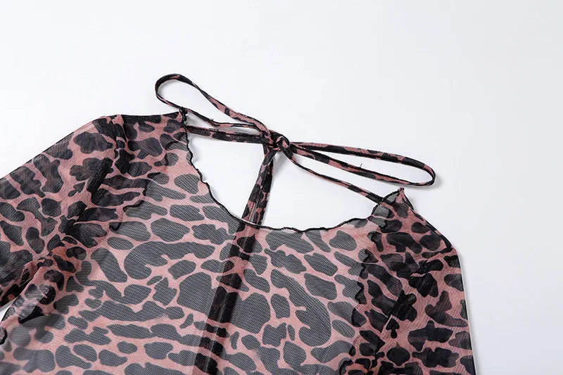 Leopard Print Backless Sheer Mesh Bodycon Dress for Women