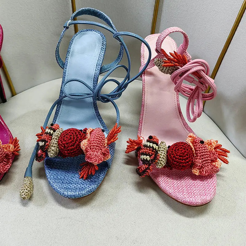 Pink Lace-Up Ankle Wrap Stiletto Sandals for Women