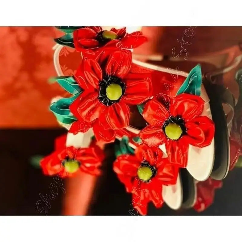 Red Foliage Applique Open Toe High Heel Shoes for Women