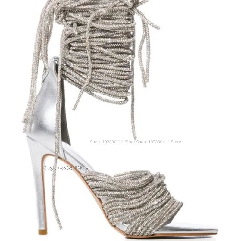Open Toe Rope Detail Stiletto Sandals Front and Rear Straps for Women