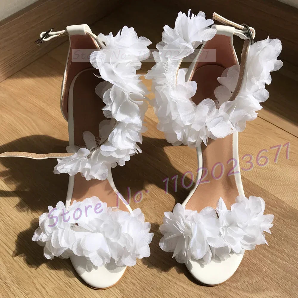 Elegant White Floral Ankle Strap Stiletto Sandals For Women