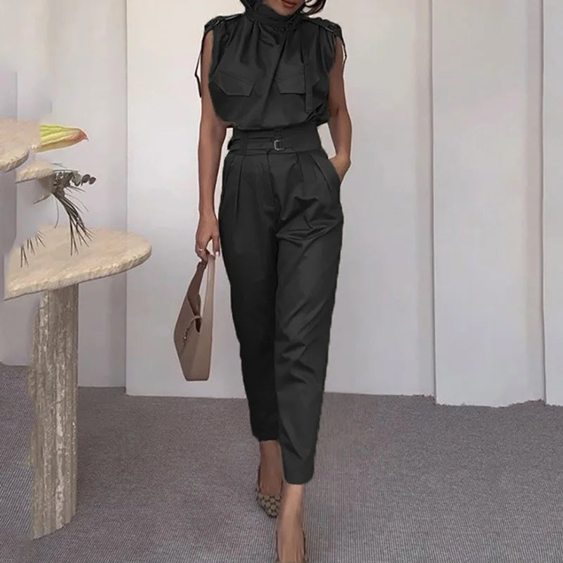 Sleeveless Turtleneck Simple Matching Set, Women Summer Cargo Pants Fashion Outfit, Solid Patchwork Chic Ladies Suits Streetwear