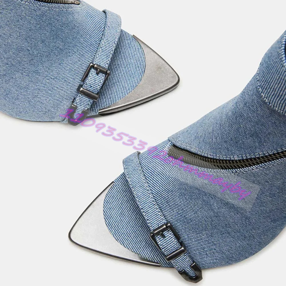 Summer Blue Denim Pointed Toe High Heel Sandals With Buckle for Women