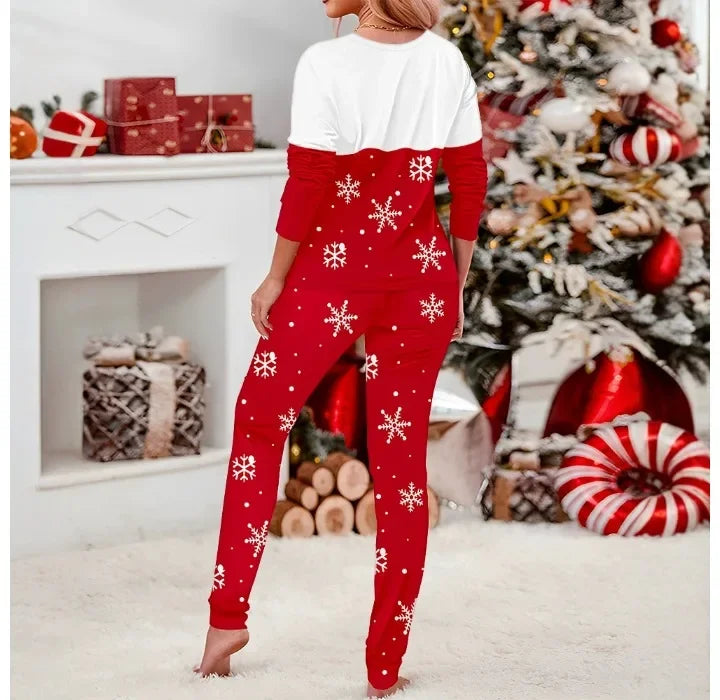 Christmas Home Two Piece Set Woman Snowflake 2024 O-Neck Long Sleeved Tops Elegant High Waisted Casual Pants Pajama Suit Fall