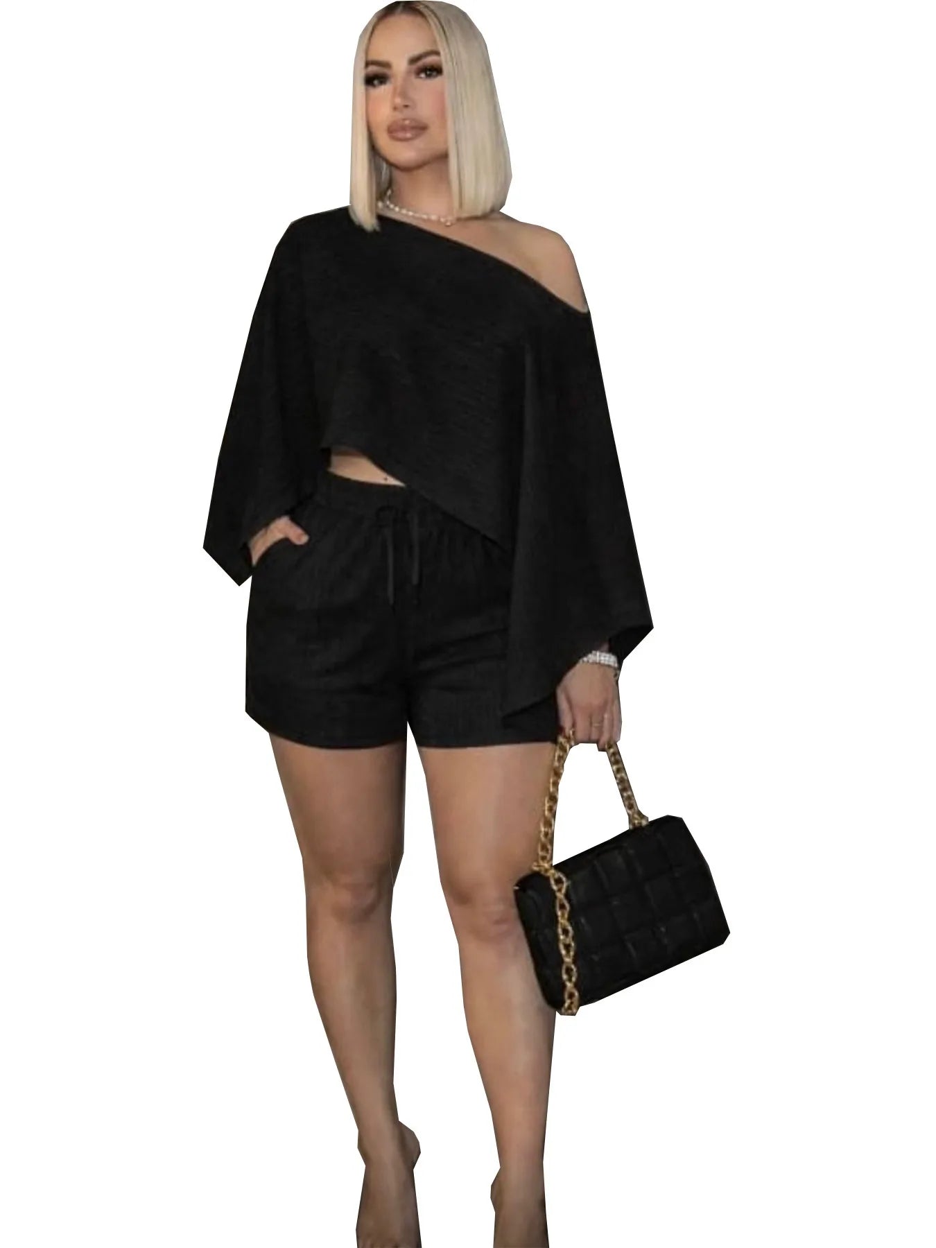 Off Shoulder Bat Sleeve Top Two Piece Set for Women