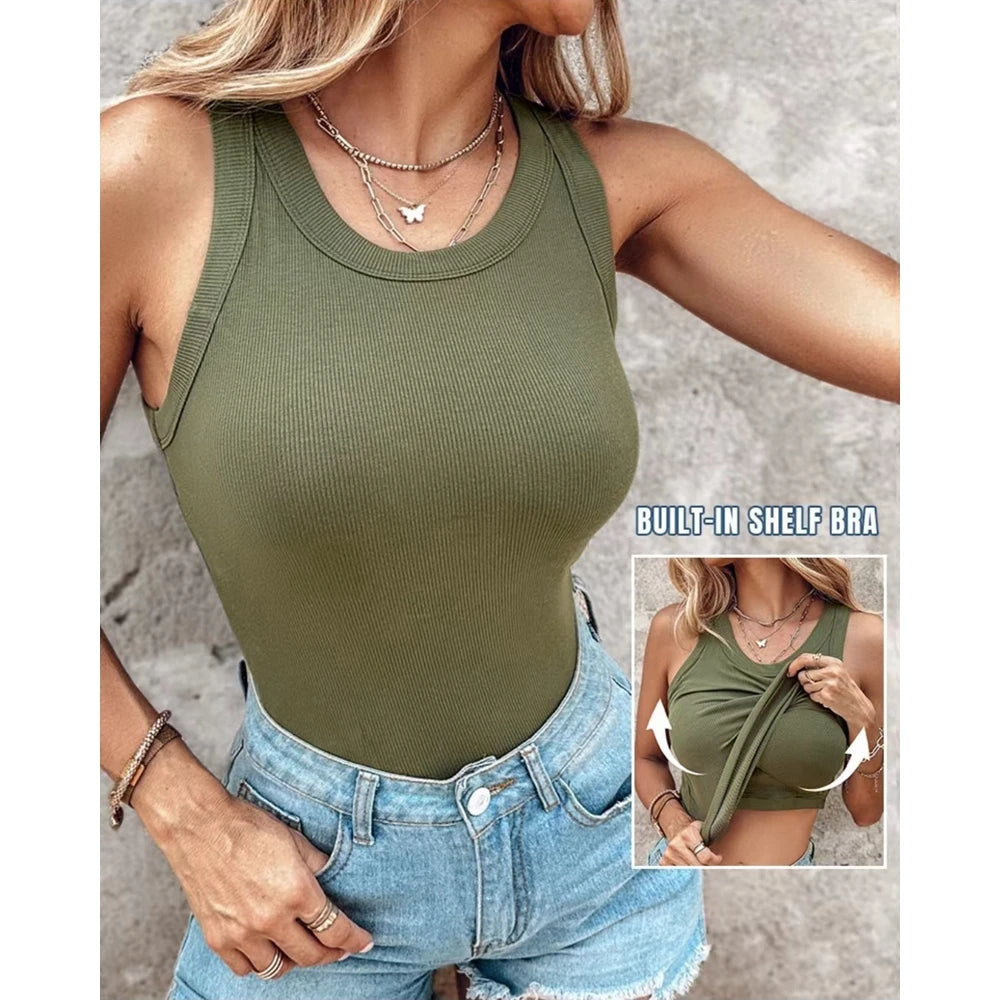 New Style Summer Round Neck Ribbed Tank Top With Bra Pads Fashion Sexy Femme Casual Sleeveless Top Solid T Shirt Streetwear