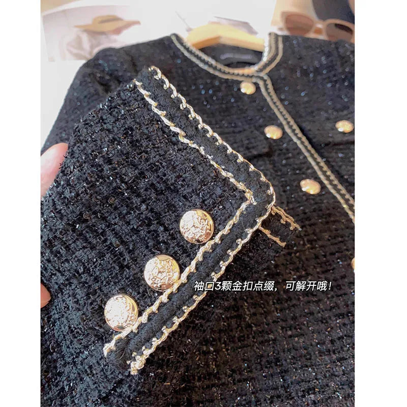 High-End Warm Down Cotton Jacket With Fragrance Tweed Woven Quilted Woolen Suit For Women Autumn Winter 2024 O-Neck Short Top