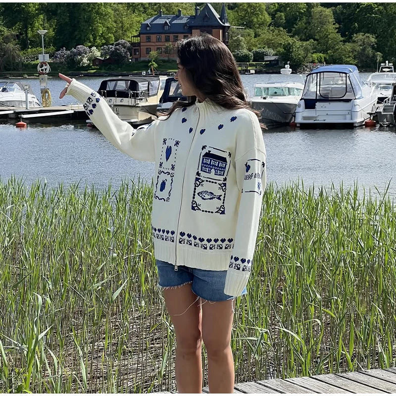 Blue Jacquard Stand Collar Zipper Cardigan for Women