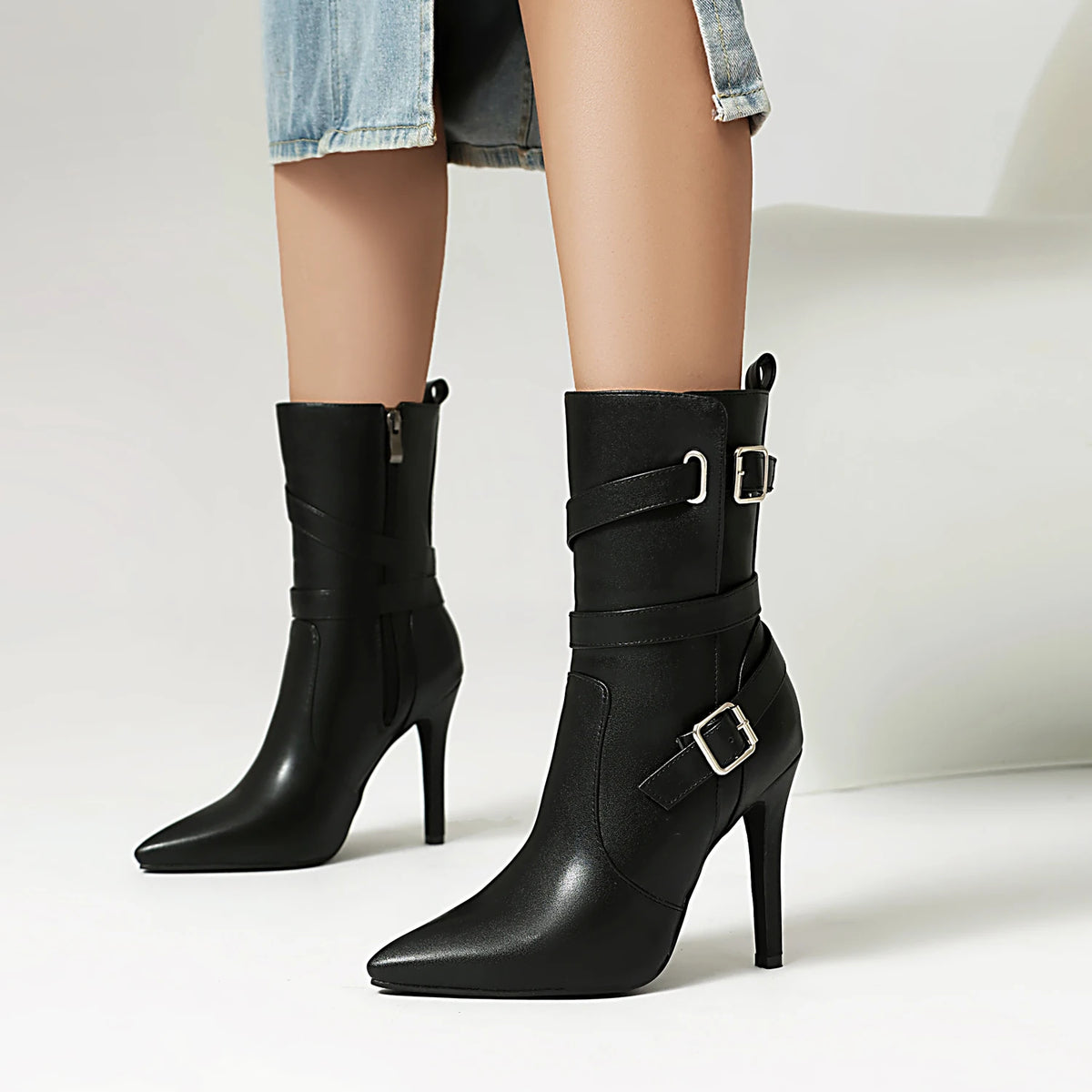 Pointed Toe Stiletto Ankle Boots With Buckle for Women