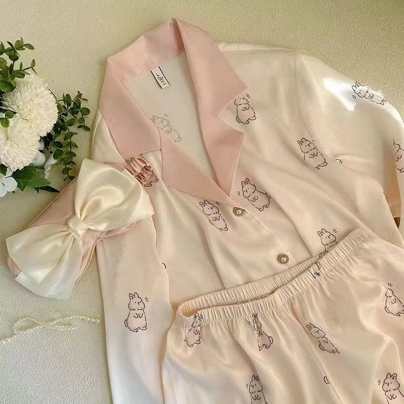 Flowers Twill Print Classy Women's Pajamas Spring Autumn Two-piece Sets Long Female Lounges Simulated Silk 2024 New Y2k Homewear