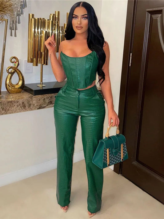 Green Faux Leather Corset Jumpsuit