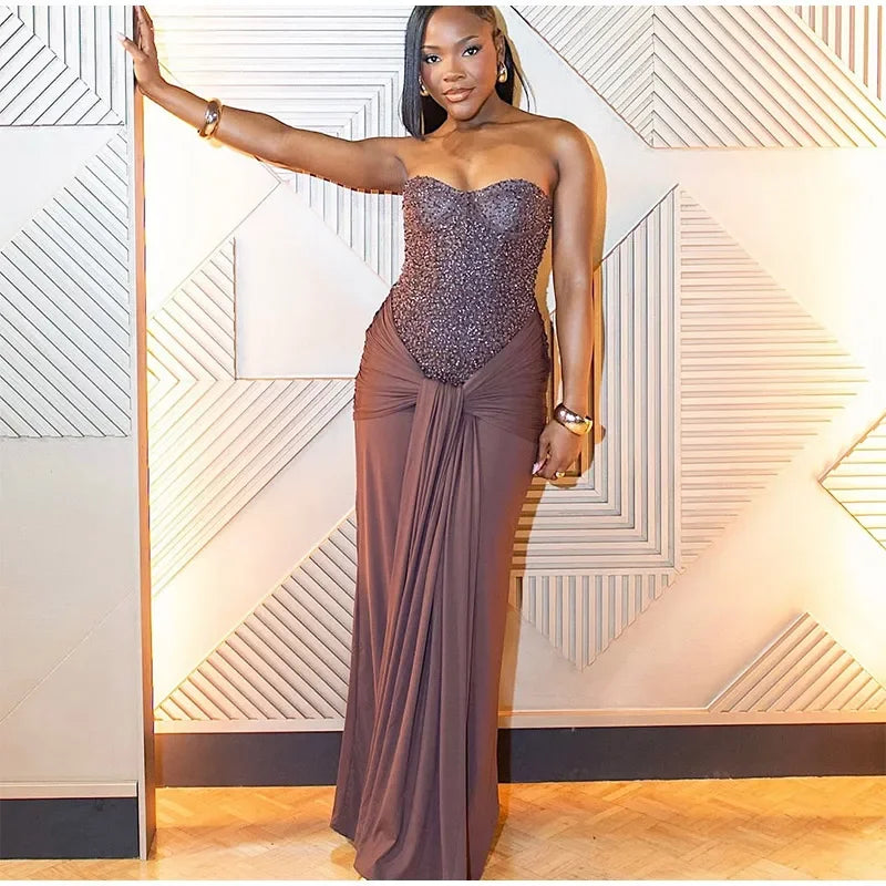 Solid Sexy Strapless Sequin Patchwork Dress Women Sleeveless Backless Cinched-waist Pleated Maxi Dresses Lady Party Evening Gown