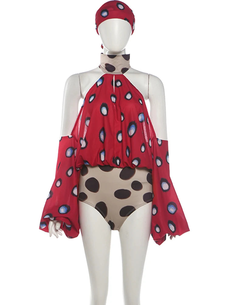 Polka Dot Halter Backless Playsuit With Headscarf for Women