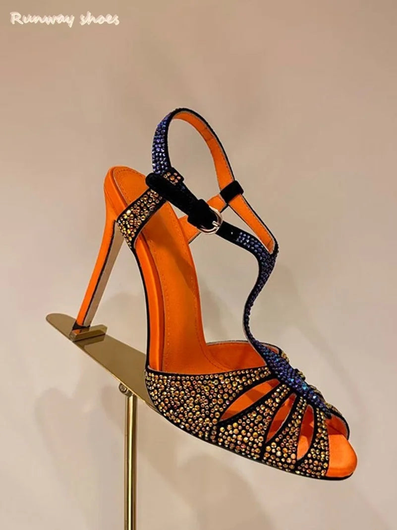 Luxury Rhinestone Buckle Open Toe Stiletto Sandals For Women