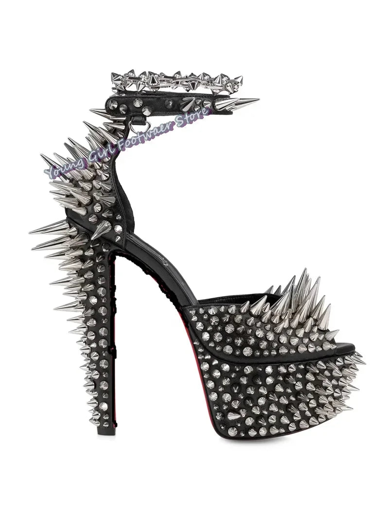 Black Rivet Decorated Spiked Platform Sandals for Women