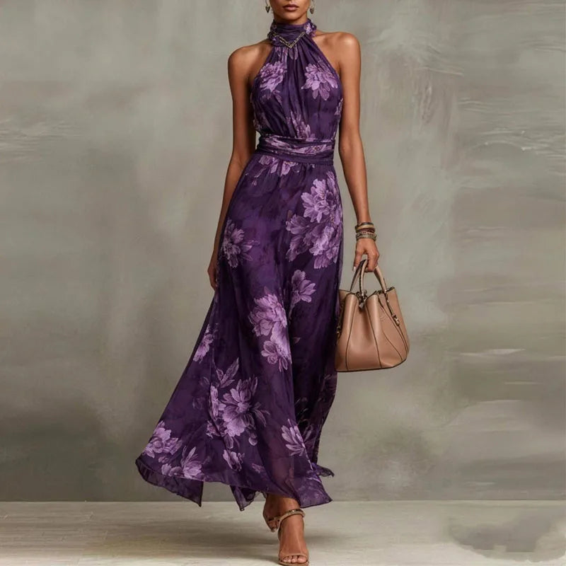 Flowing Floral Halter Ruched Waist Maxi Dress for Women