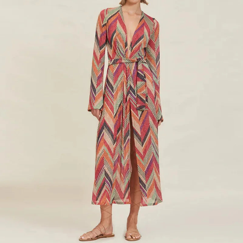 Printing Patchwork Fashion Two Pieces Outfit, Women Spring Summer V Neck Long Lacing Up Coat Set, 2025 Wide Leg Pants Lady Suits