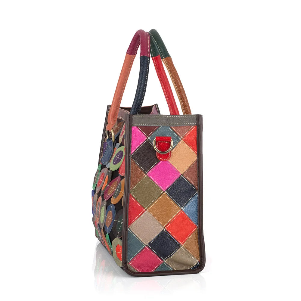 Genuine leather women's bag, ethnic style color contrasting design, large capacity tote bag, women's handbag