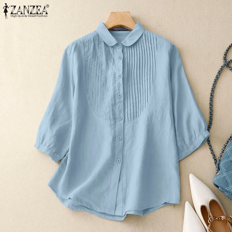 ZANZEA Women Vintage Pintuck Shirts Casual Turn-Down Collar Half Puff Sleeve Button Up Chemises Femme Street Fashion Solid Tops