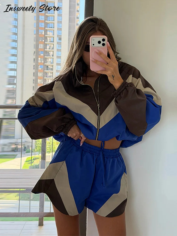 Contrast Color Zip Jacket and Shorts Two Piece Set for Women