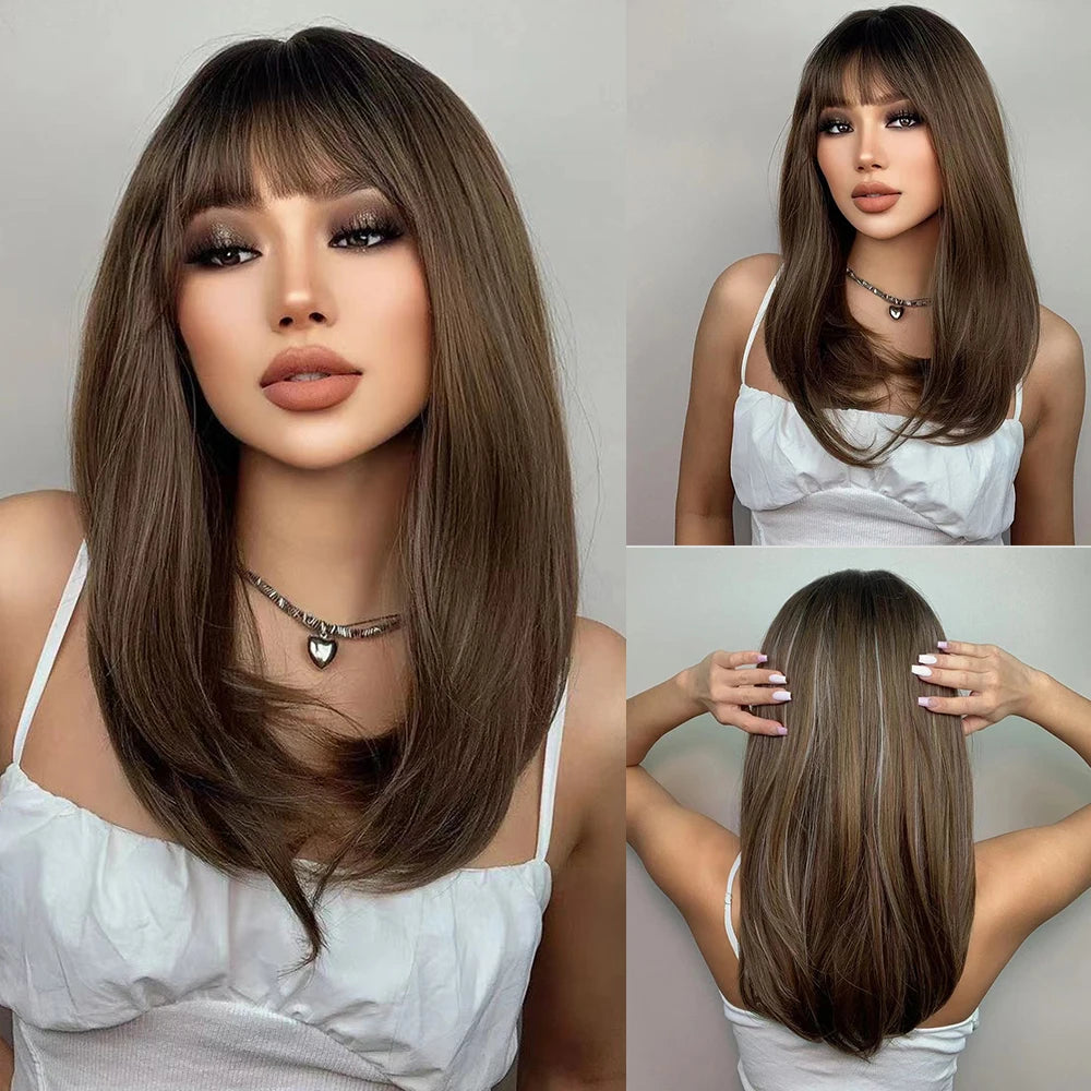 Long Straight Layered Blonde Wig With Bangs for Women