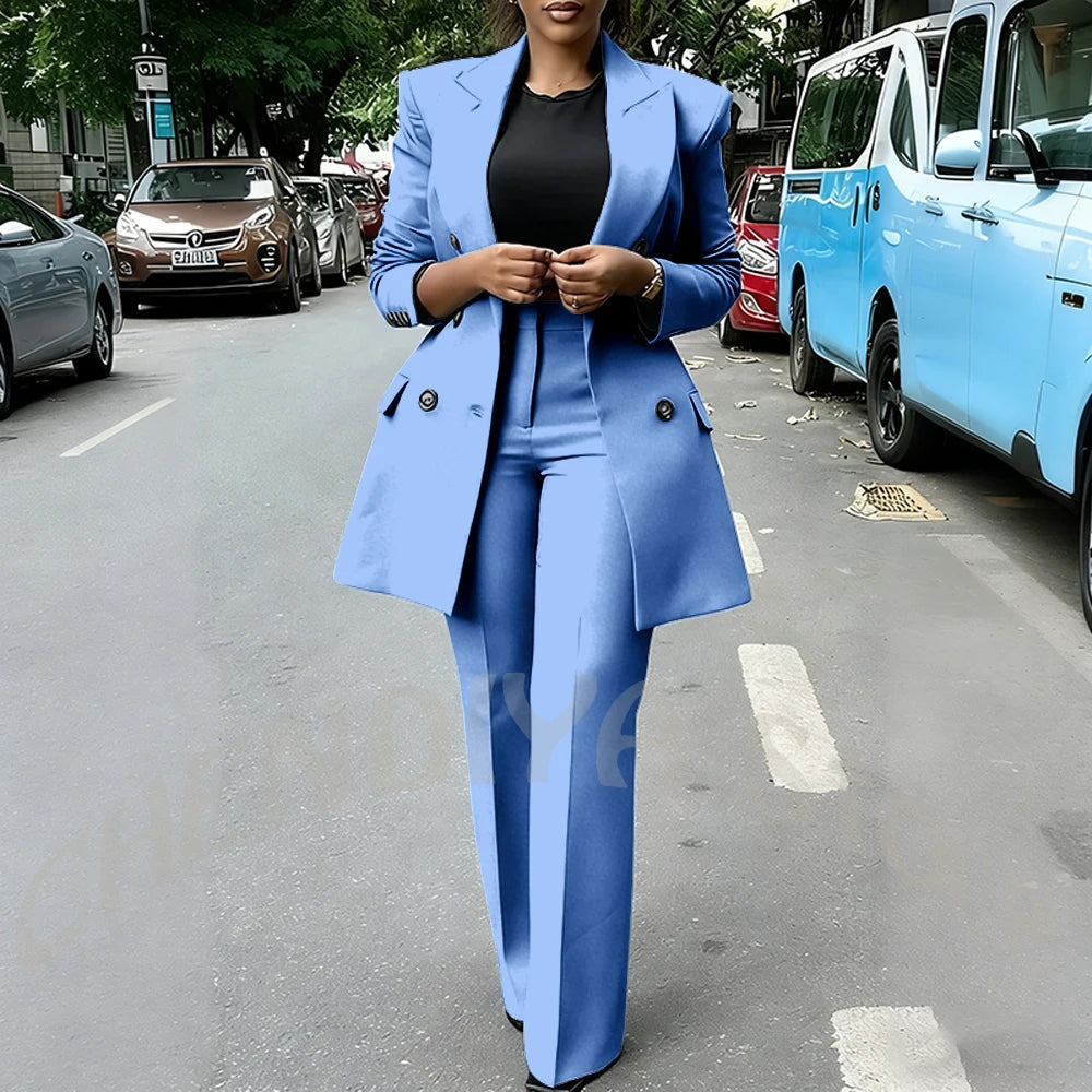 High Quality Women Suits Double Breasted Straight Formal 2 Piece Jacket Pants Peak Lapel High Street Daily Office Casual Suit