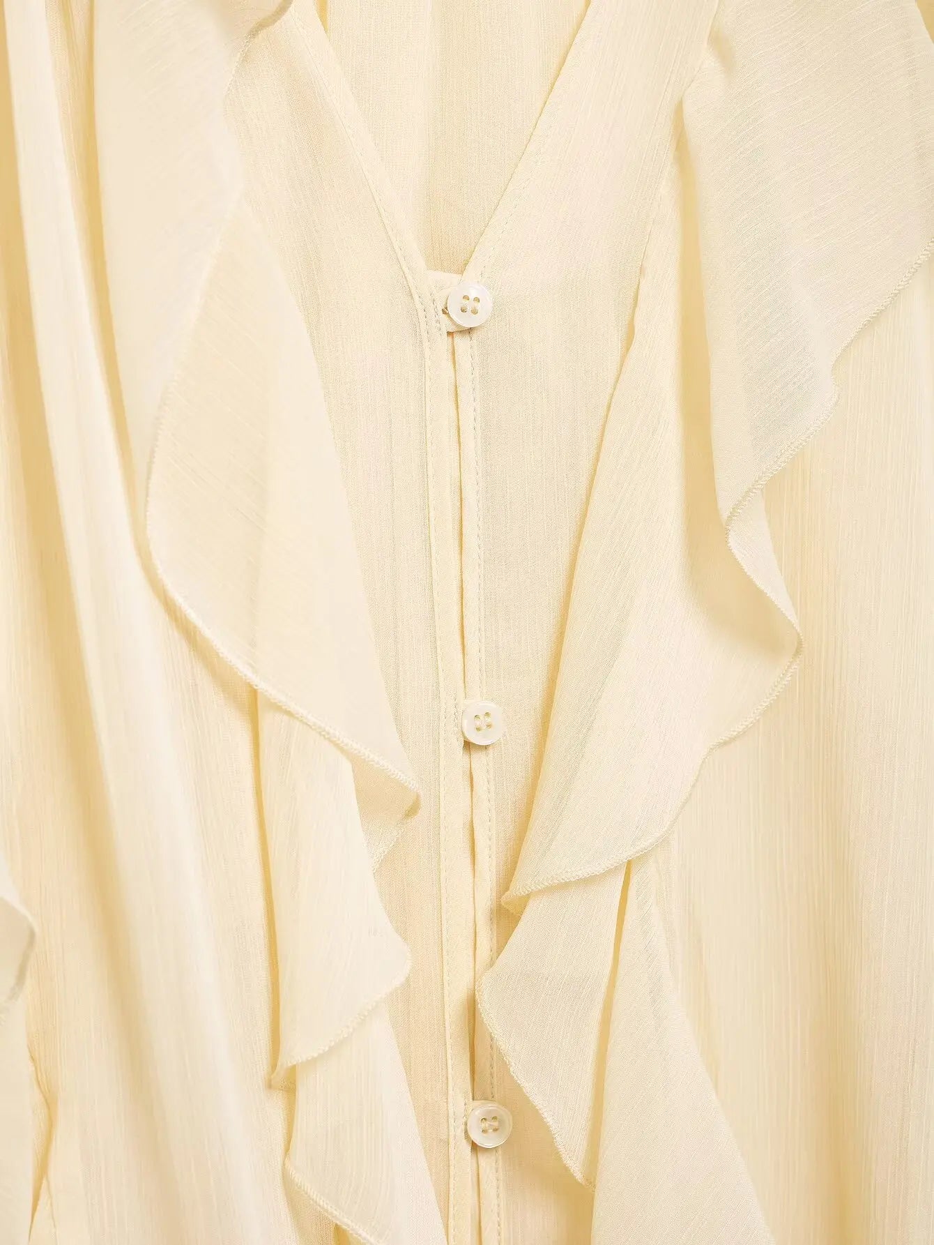 TRAFZA 2025 Women Elegant Solid Ruffles Blouse Spring Female V-Neck Long Sleeved Gauze Shirt Casual Hollow Out Lady Clothes