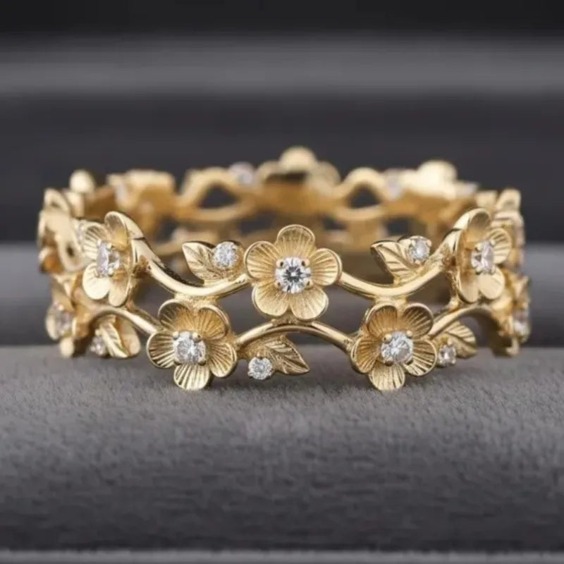 White CZ Flower Cocktail Ring With Gold Tone