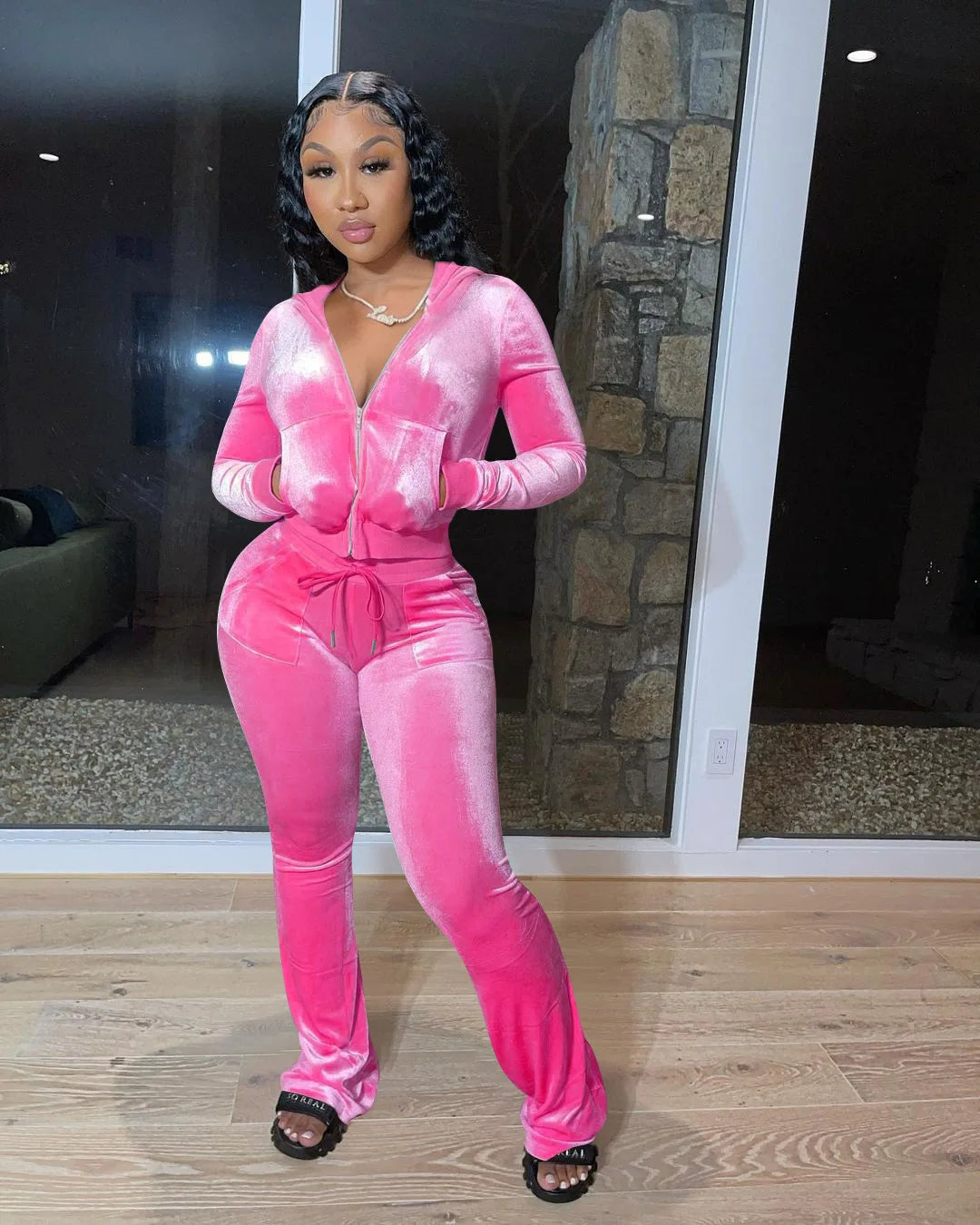 Hooded Zip Top And High Waist Pants Outfit Set for Women