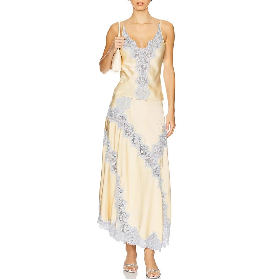 See-Through Lace Patchwork Two Piece Set for Women