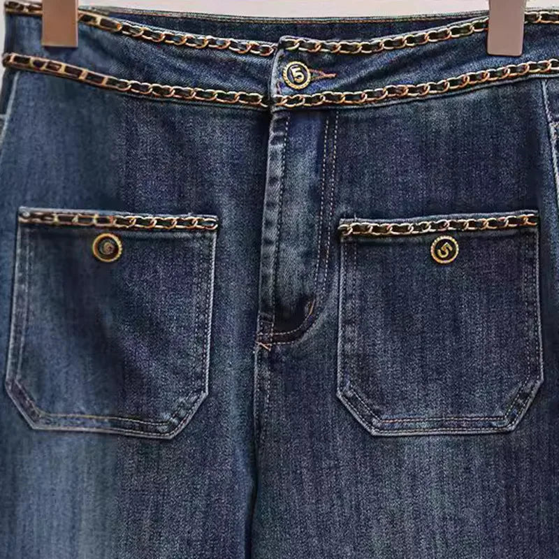 ANJY Autumn Women American Style Vintage High-End Chain Design Slimming Straight Jeans Ins Trend Versatile Wide-Leg Pants A10635