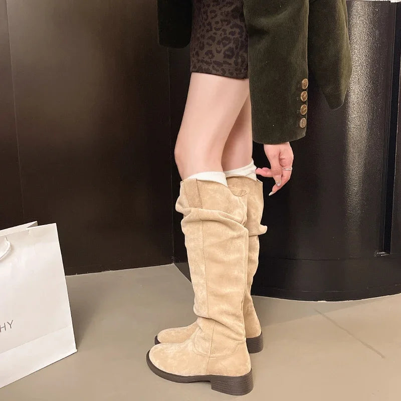 Elegant Low Heel Side Suede Knee High Boots for Women