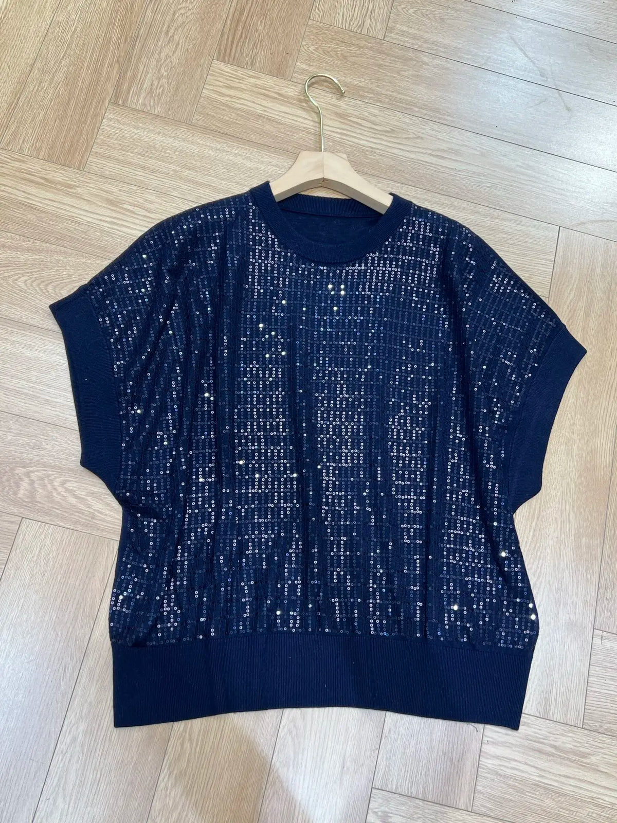 Loose Fit Sparkling Sequin Summer Knit Polo Top for Women