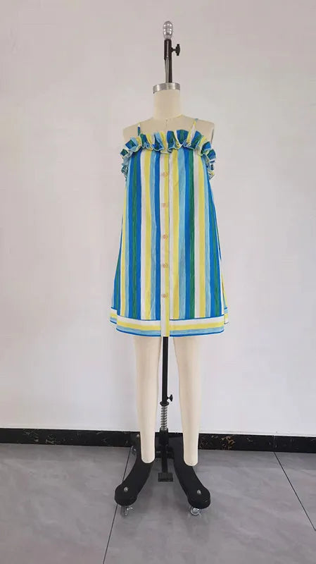 Lightweight Thin Strap Ruffle Trim Striped Mini Dress for Women