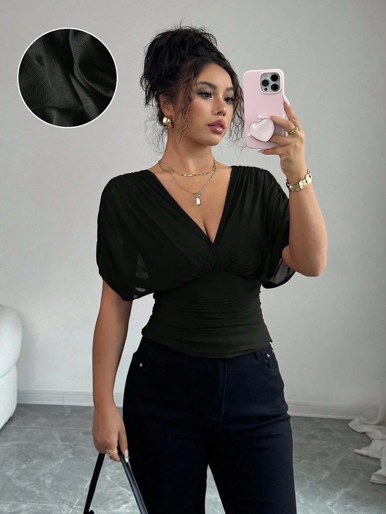 Elegant Deep V Neck Flutter Sleeve Waist Cinching Top for Women