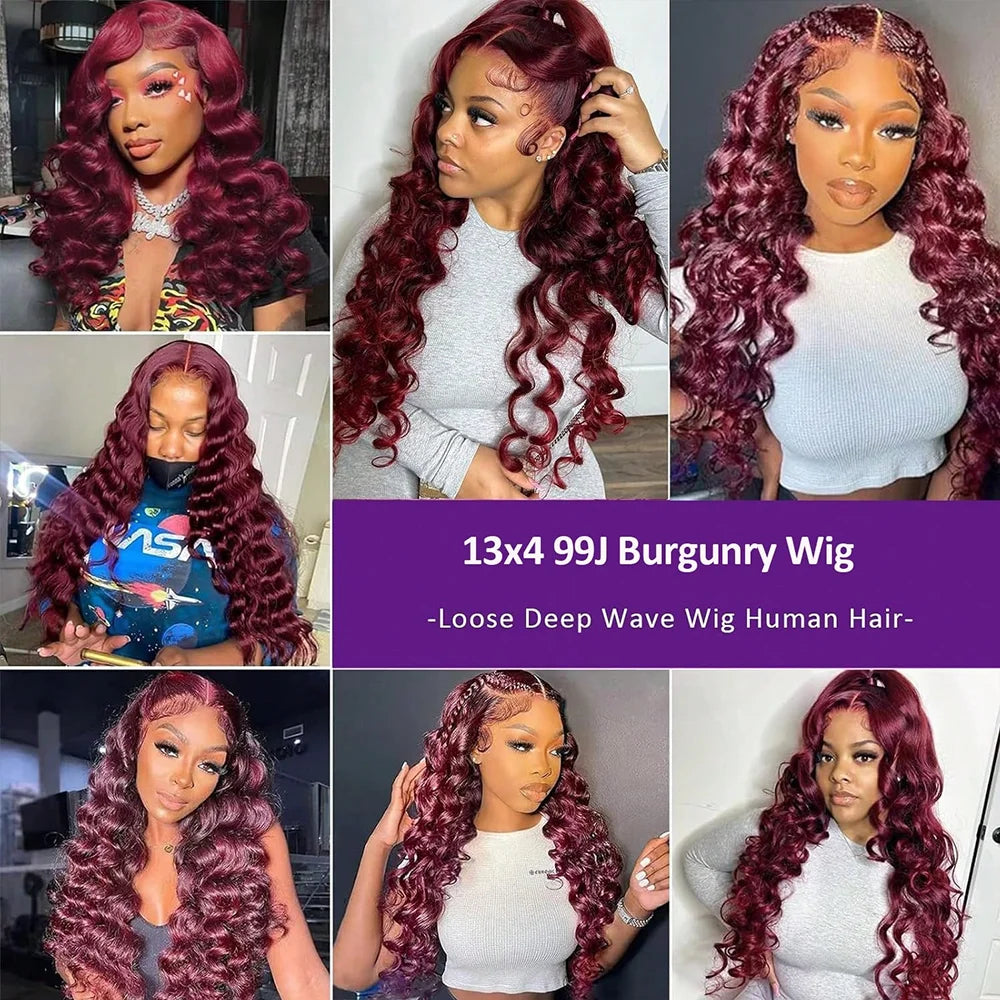 Preplucked Burgundy Deep Wave Lace Front Wig for Women
