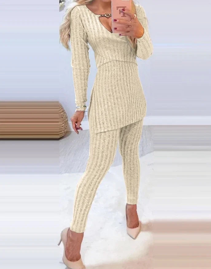 Fashion Two Piece Set Women Outfit New Casual Heart Chain Decor Crisscross Slit Ribbed Top & Skinny Pants Set 2024 Autumn Winter