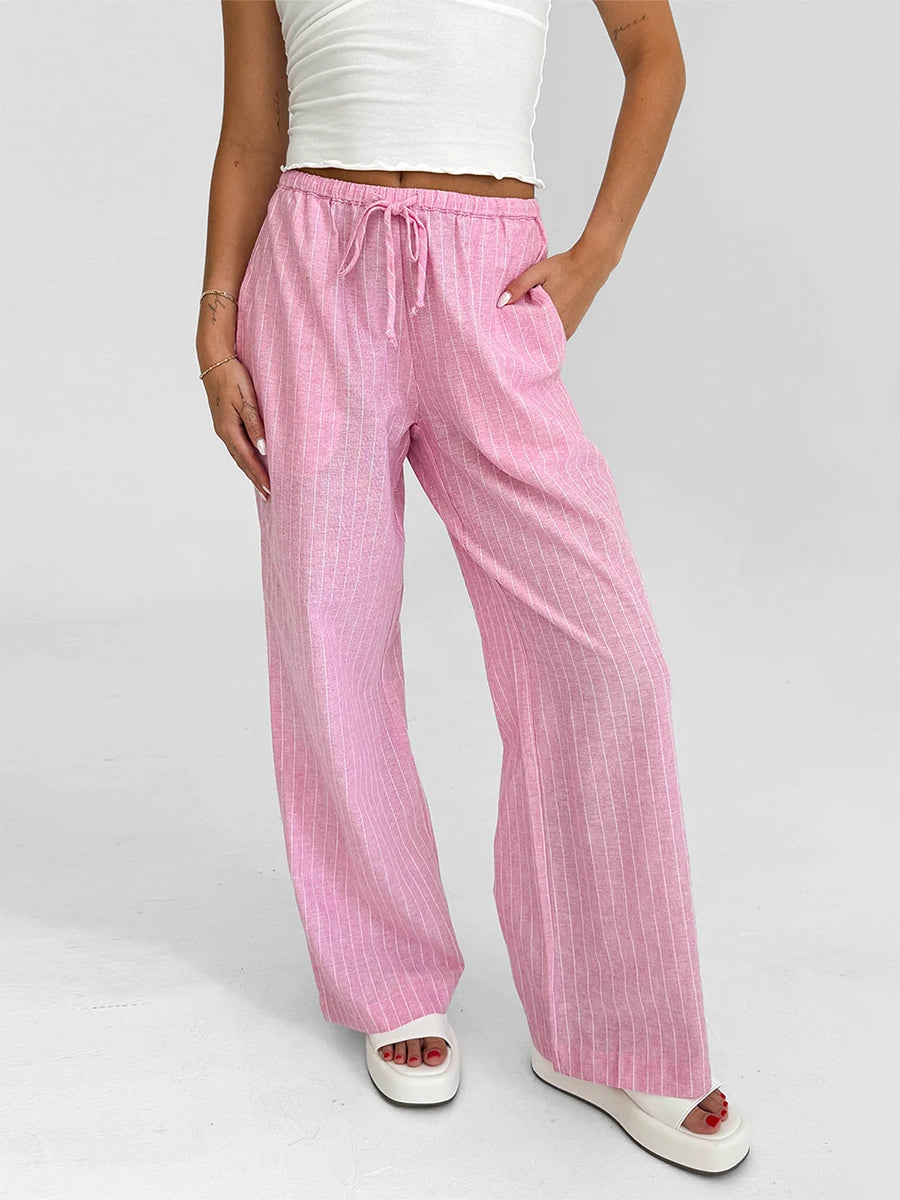 Women Loose Pants Stripe Micro-Sheer Drawstring Elastic Waist Trousers Spring Fall Casual Sweatpants Bottoms