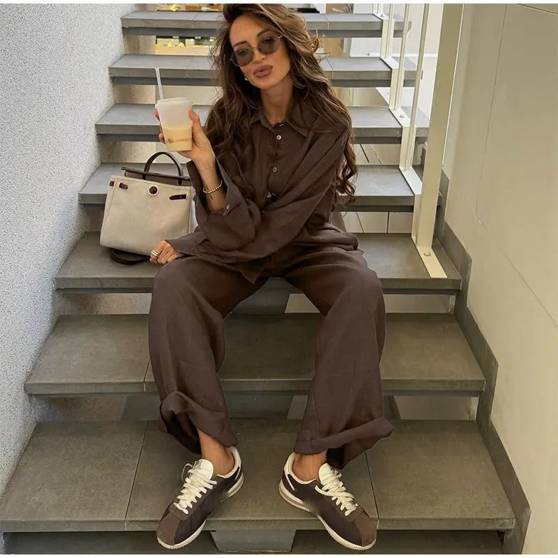 Casual Solid + Shirt and Wide Leg Pants Set + for Women